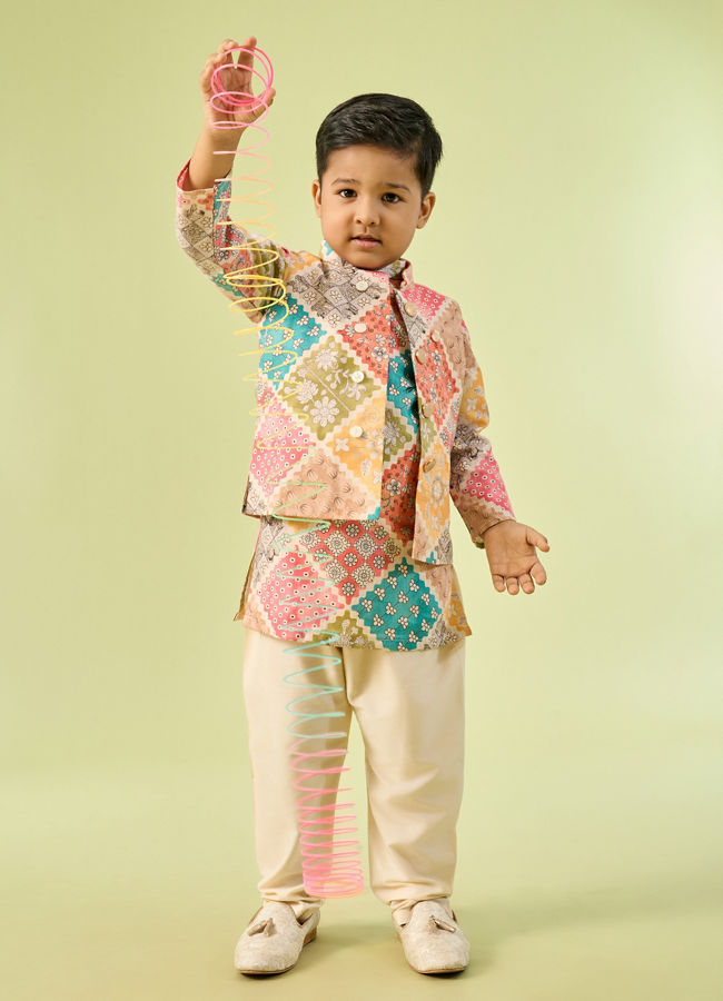 Manyavar Boys Beige Cotton Ensemble Kurta Jacket Set