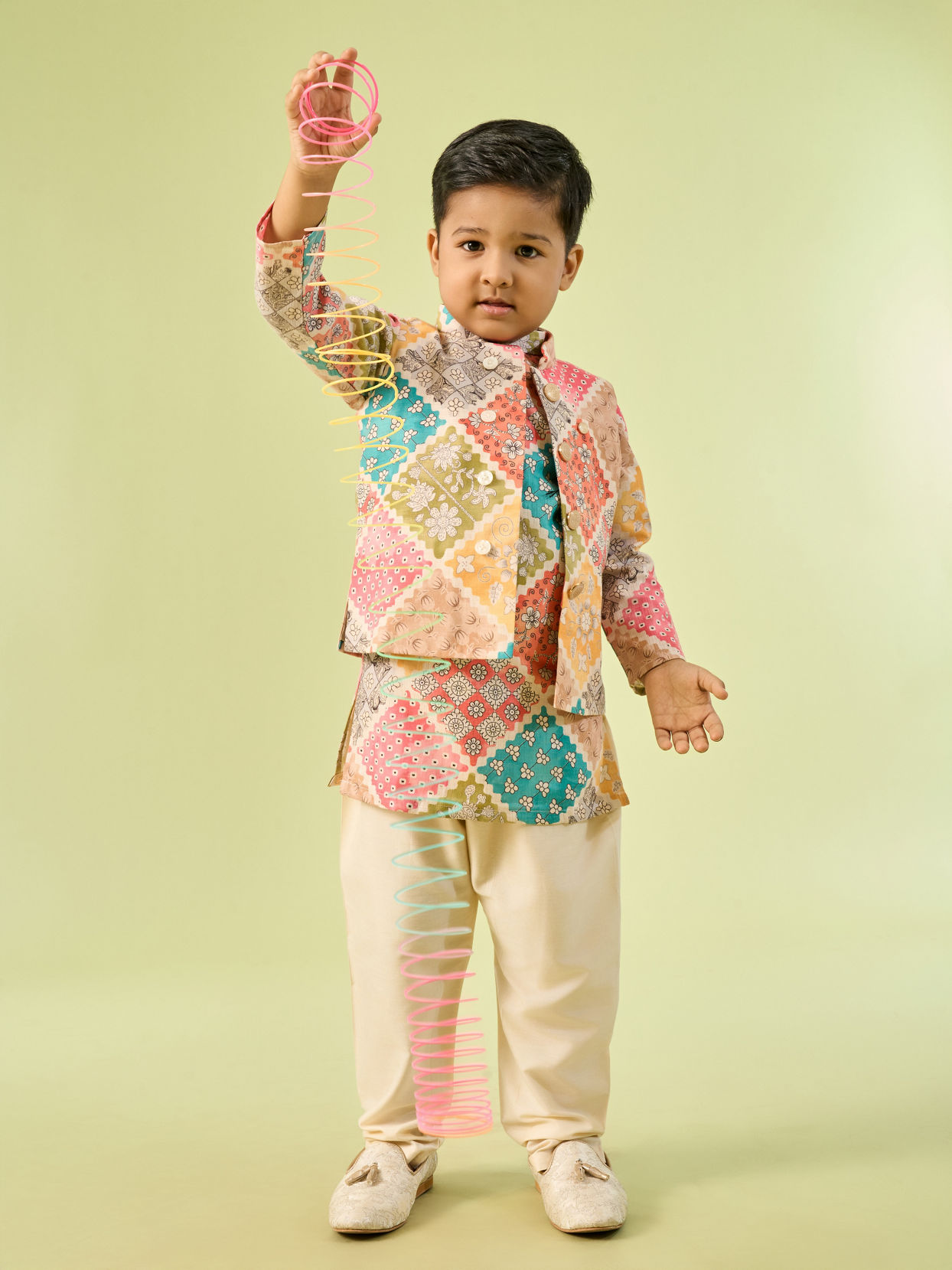 Manyavar Boys Beige Cotton Ensemble Kurta Jacket Set