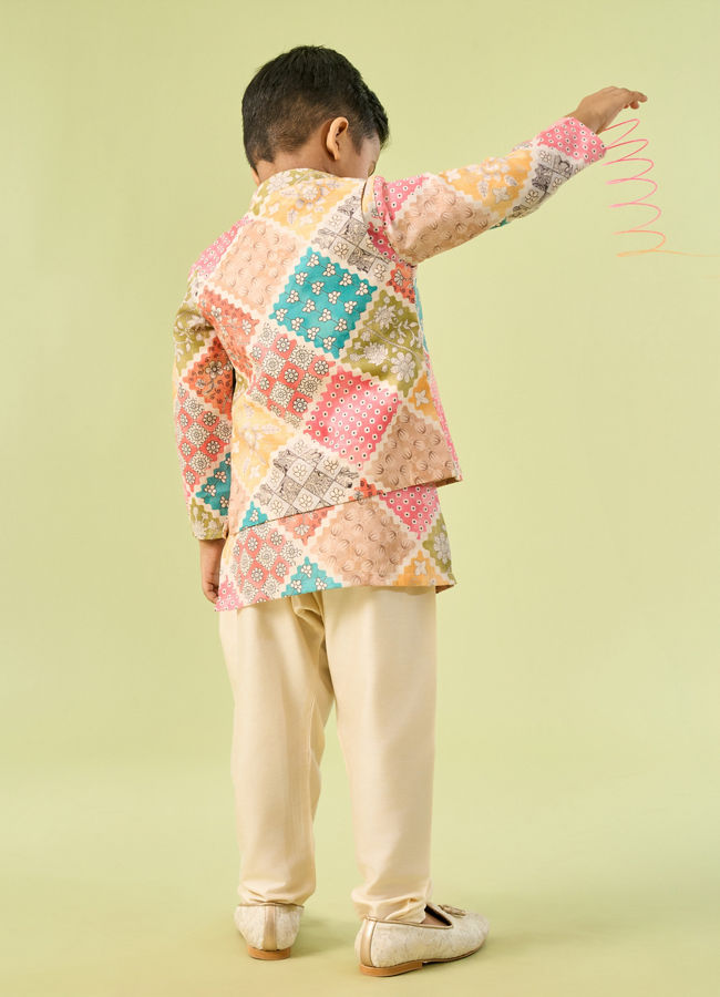 Manyavar Boys Beige Cotton Ensemble Kurta Jacket Set