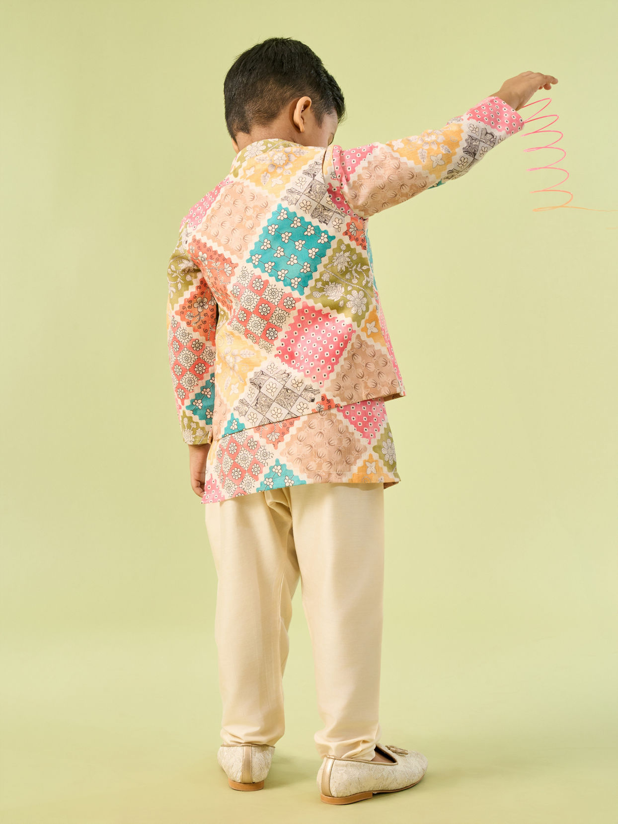 Manyavar Boys Beige Cotton Ensemble Kurta Jacket Set