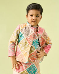 Manyavar Boys Beige Cotton Ensemble Kurta Jacket Set