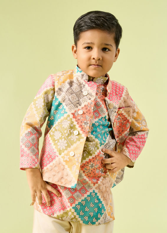 Manyavar Boys Beige Cotton Ensemble Kurta Jacket Set