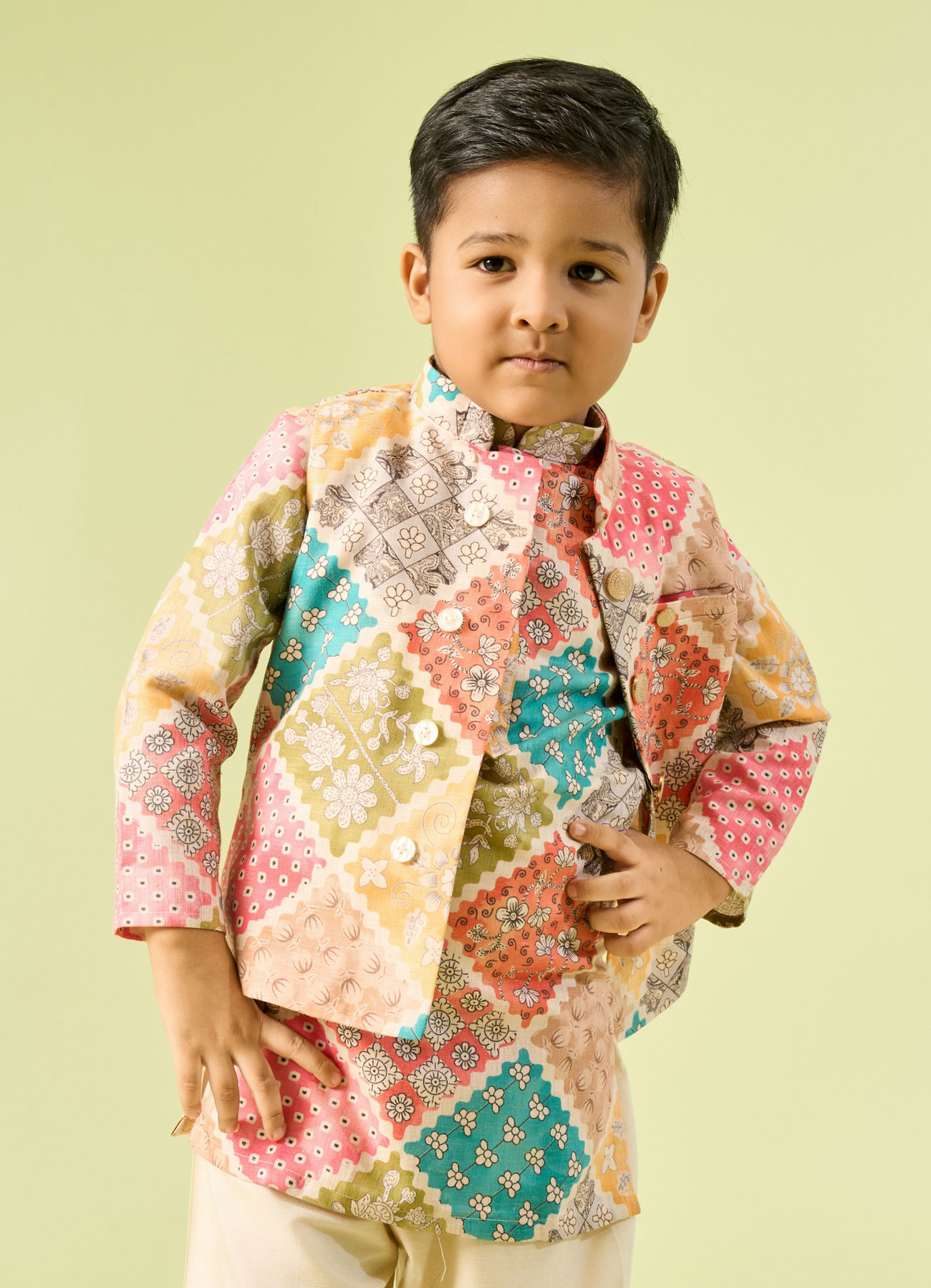 Manyavar Boys Beige Cotton Ensemble Kurta Jacket Set