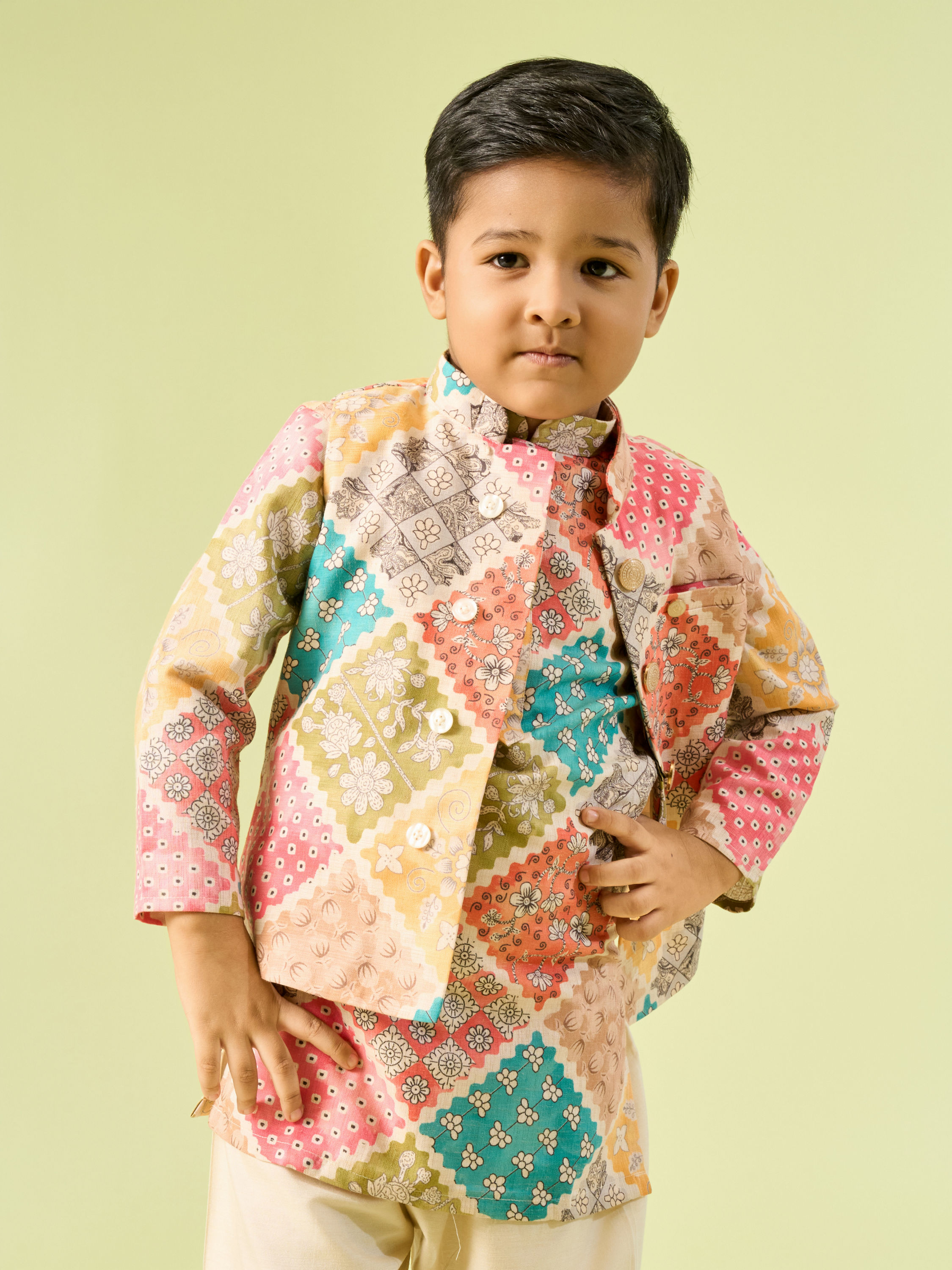Manyavar Boys Beige Cotton Ensemble Kurta Jacket Set