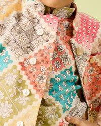 Manyavar Boys Beige Cotton Ensemble Kurta Jacket Set