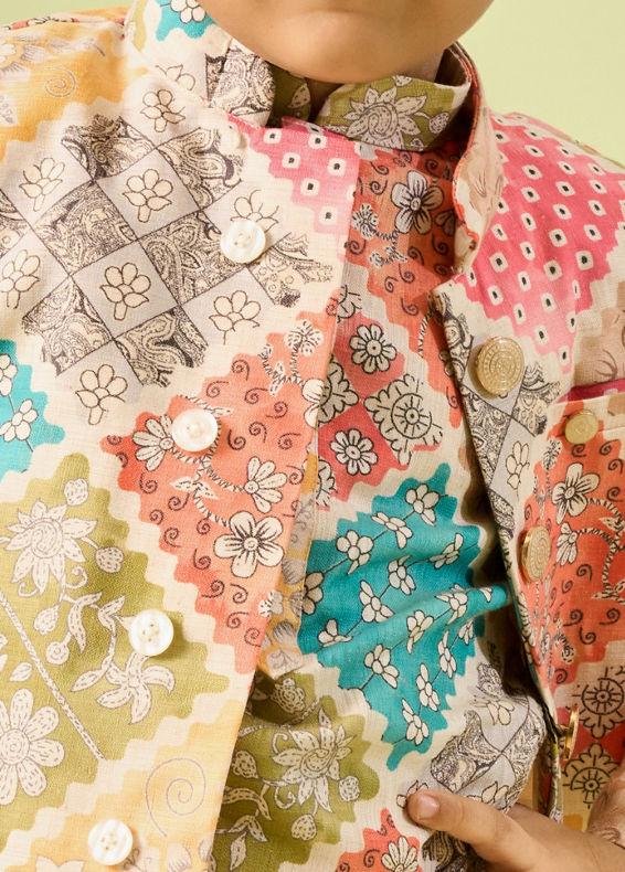 Manyavar Boys Beige Cotton Ensemble Kurta Jacket Set