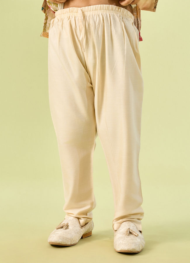 Manyavar Boys Beige Cotton Ensemble Kurta Jacket Set