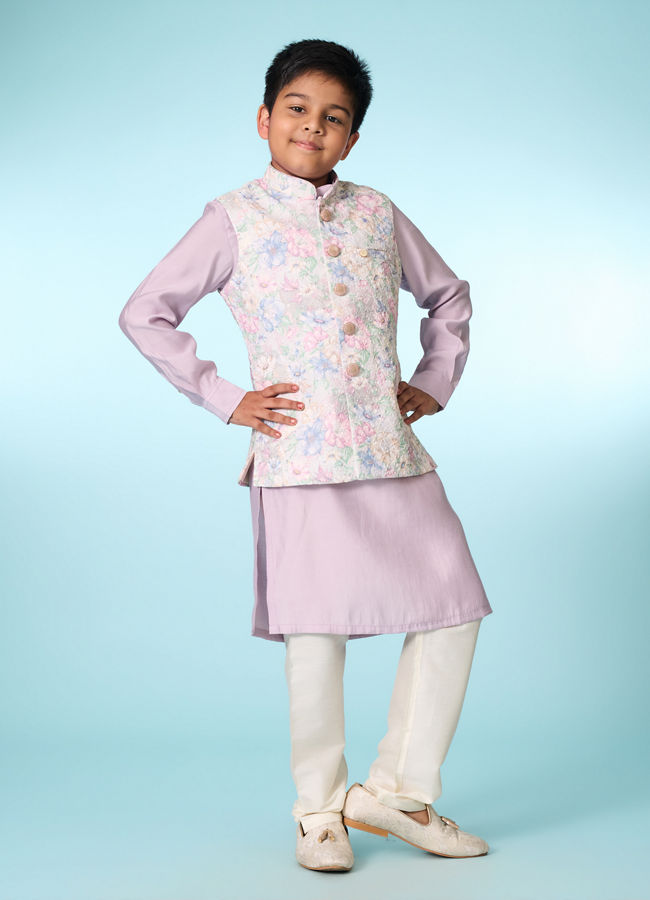 Manyavar Boys White Lilac Kurta Jacket Set
