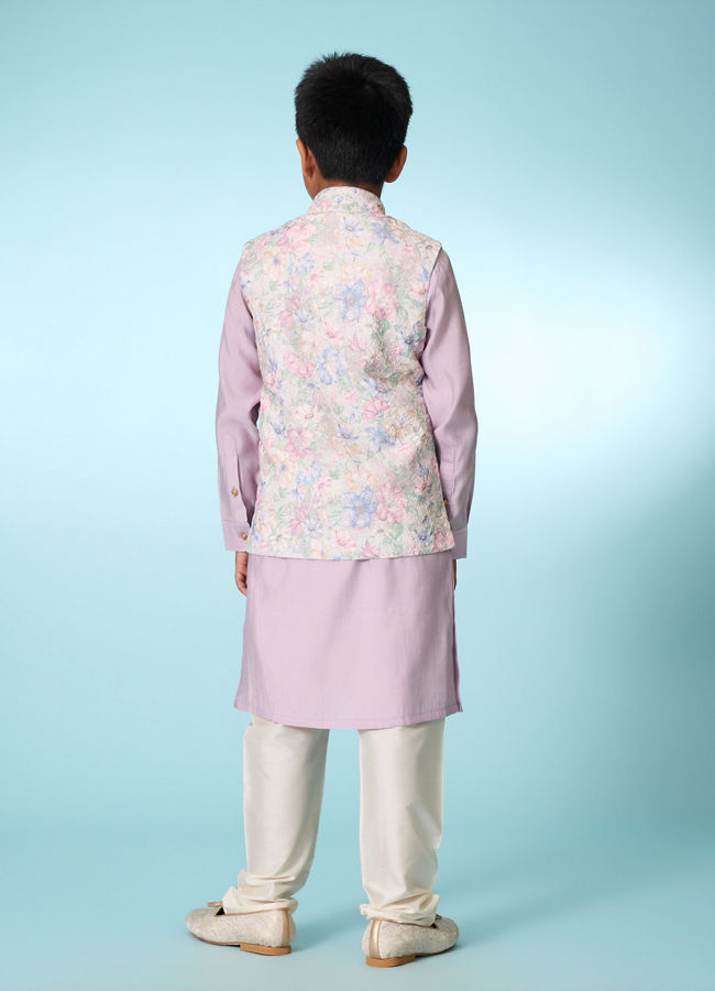 Manyavar Boys White Lilac Kurta Jacket Set