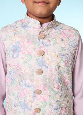 Manyavar Boys White Lilac Kurta Jacket Set