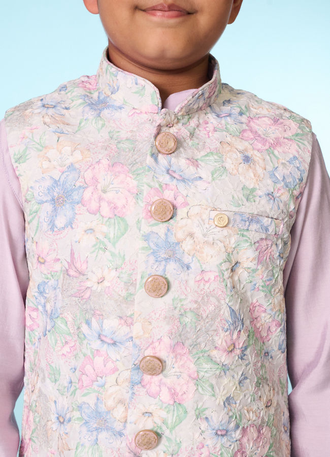 Manyavar Boys White Lilac Kurta Jacket Set