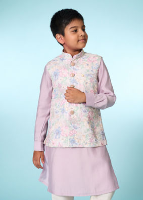 Manyavar Boys White Lilac Kurta Jacket Set