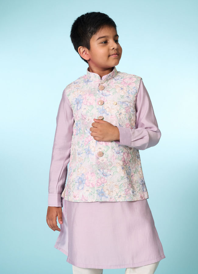 Manyavar Boys White Lilac Kurta Jacket Set