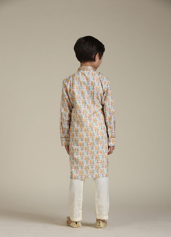 Manyavar Boys Boys Light Orange Paisley Printed Angrakha Style Kurta Set
