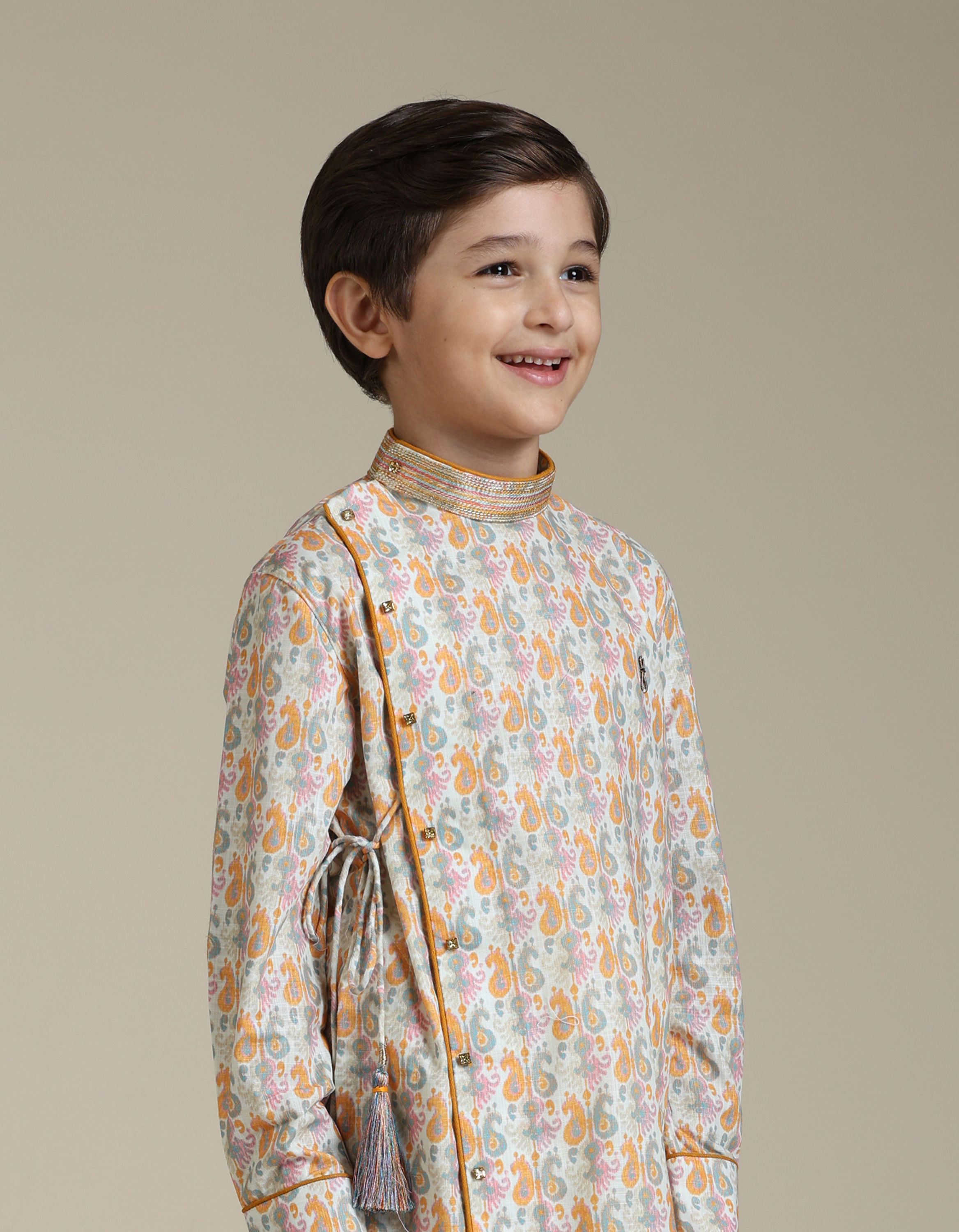 Manyavar Boys Boys Light Orange Paisley Printed Angrakha Style Kurta Set