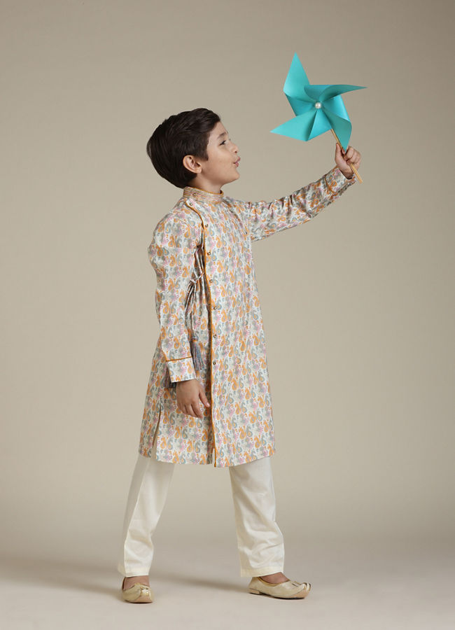 Manyavar Boys Boys Light Orange Paisley Printed Angrakha Style Kurta Set