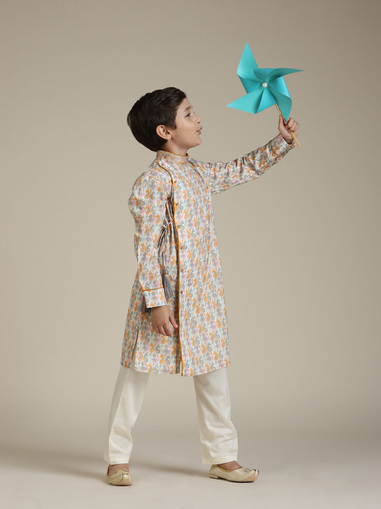 Manyavar Boys Boys Light Orange Paisley Printed Angrakha Style Kurta Set