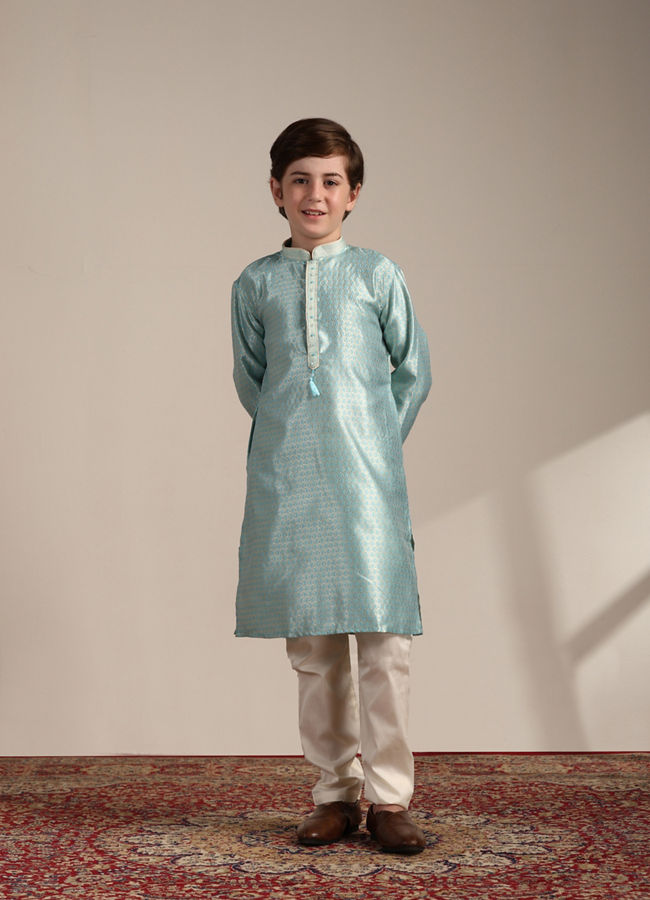 Manyavar Boys Boys Turquoise Blue Paisley Printed Kurta Set