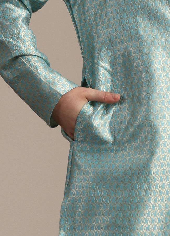 Manyavar Boys Boys Turquoise Blue Paisley Printed Kurta Set