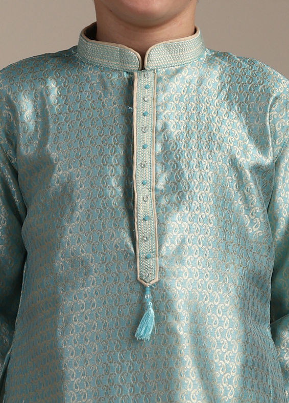 Manyavar Boys Boys Turquoise Blue Paisley Printed Kurta Set
