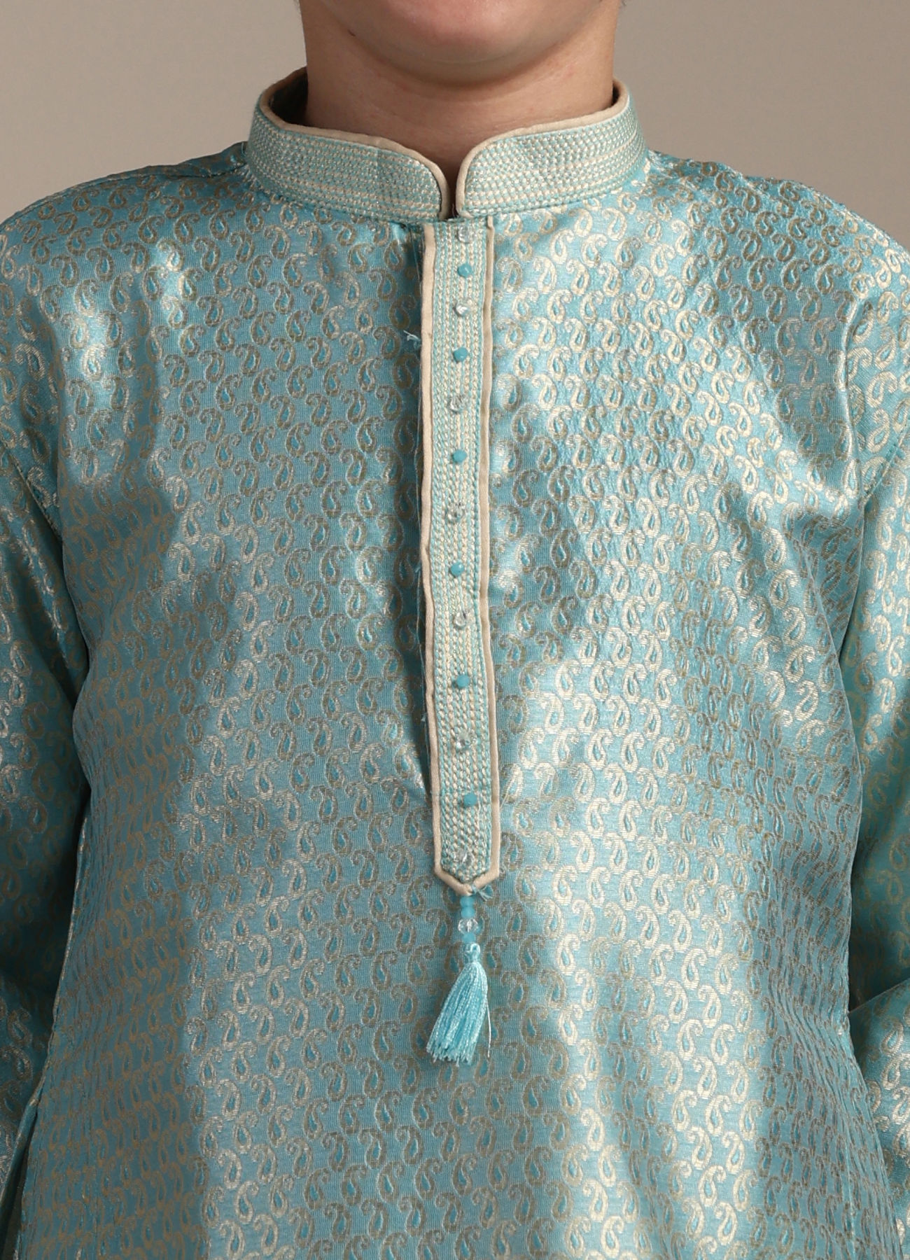 Manyavar Boys Boys Turquoise Blue Paisley Printed Kurta Set