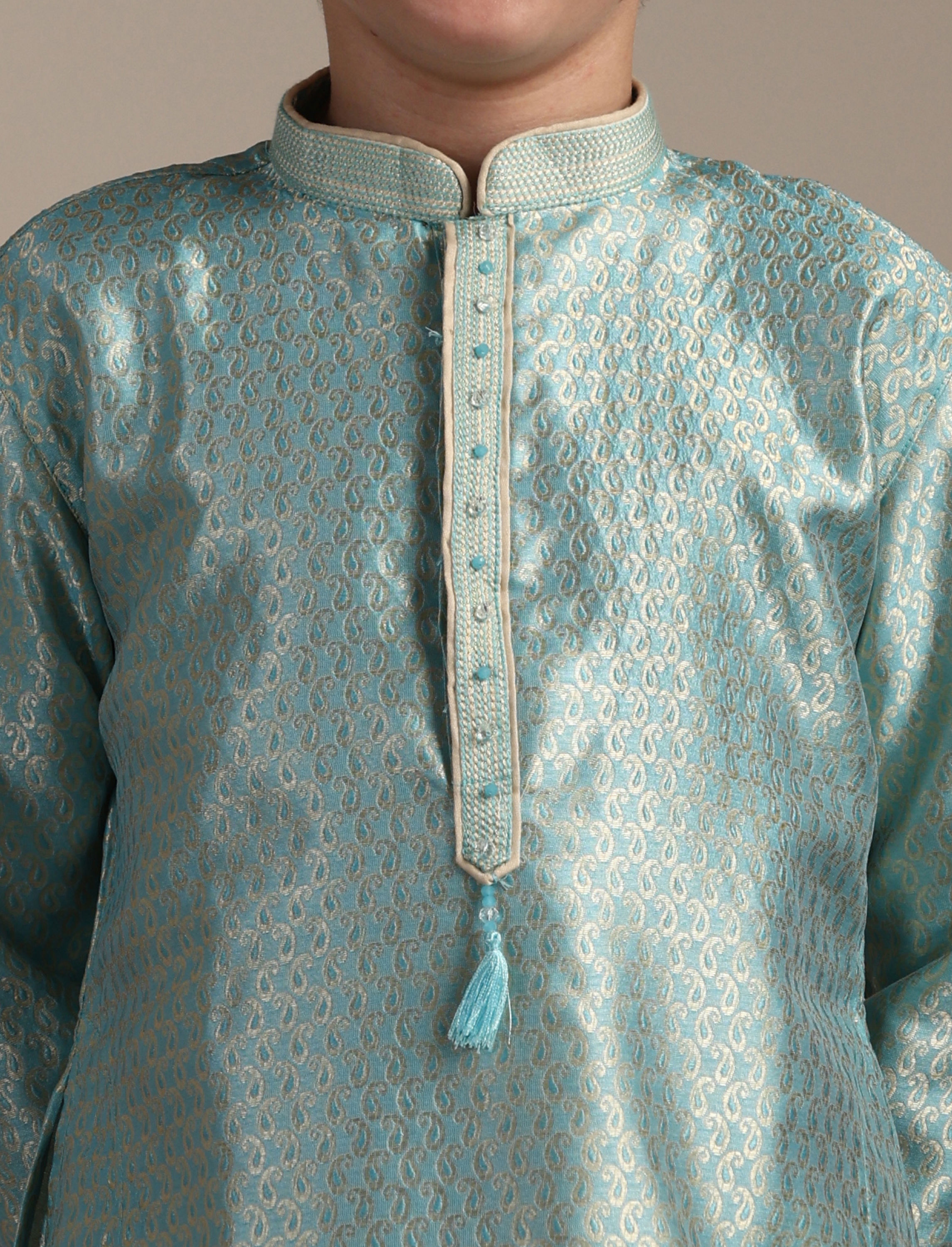 Manyavar Boys Boys Turquoise Blue Paisley Printed Kurta Set