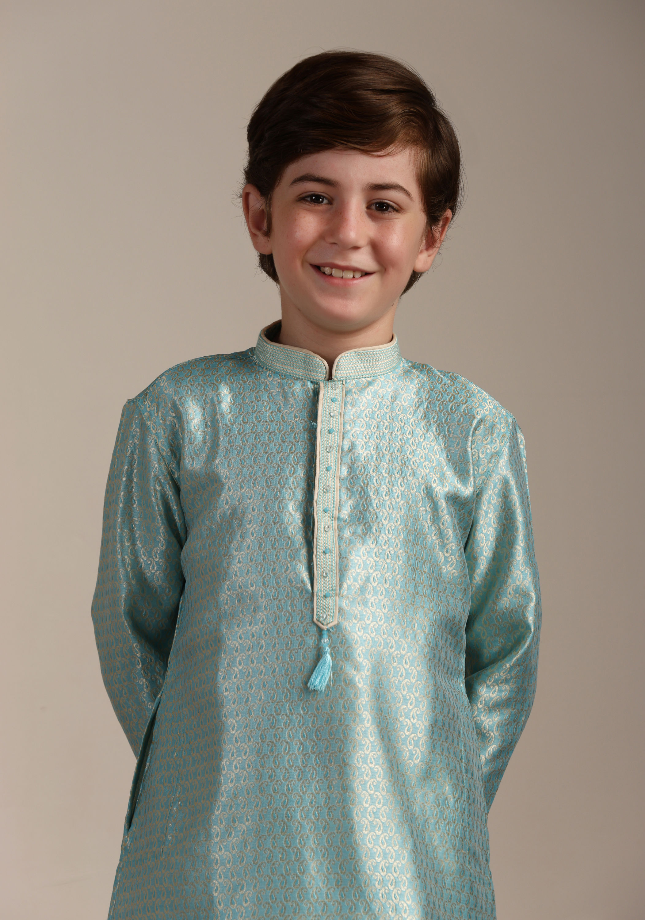 Manyavar Boys Boys Turquoise Blue Paisley Printed Kurta Set