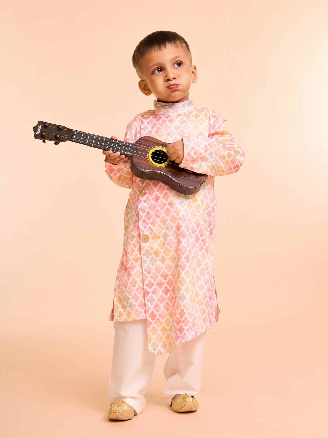 Manyavar Boys Peach Elegance Satin Kurta Pajama