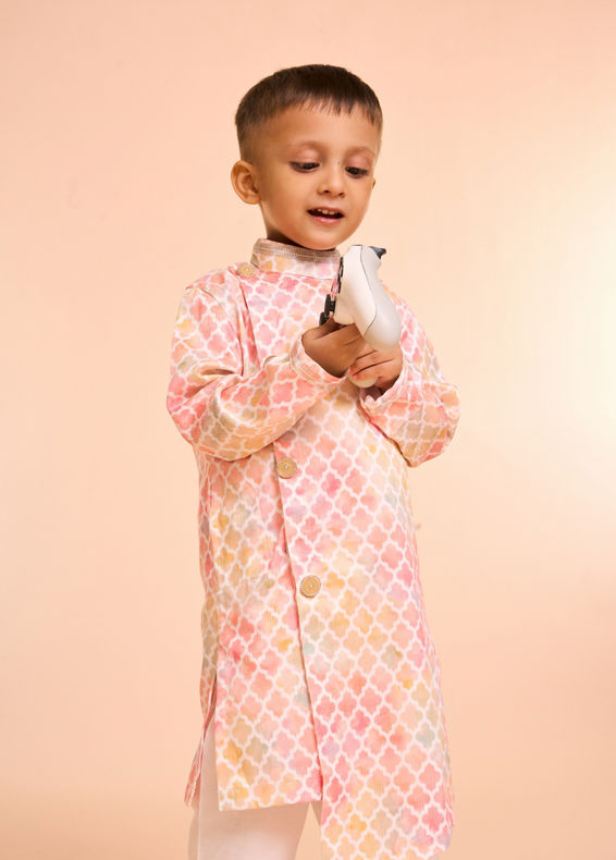 Manyavar Boys Peach Elegance Satin Kurta Pajama