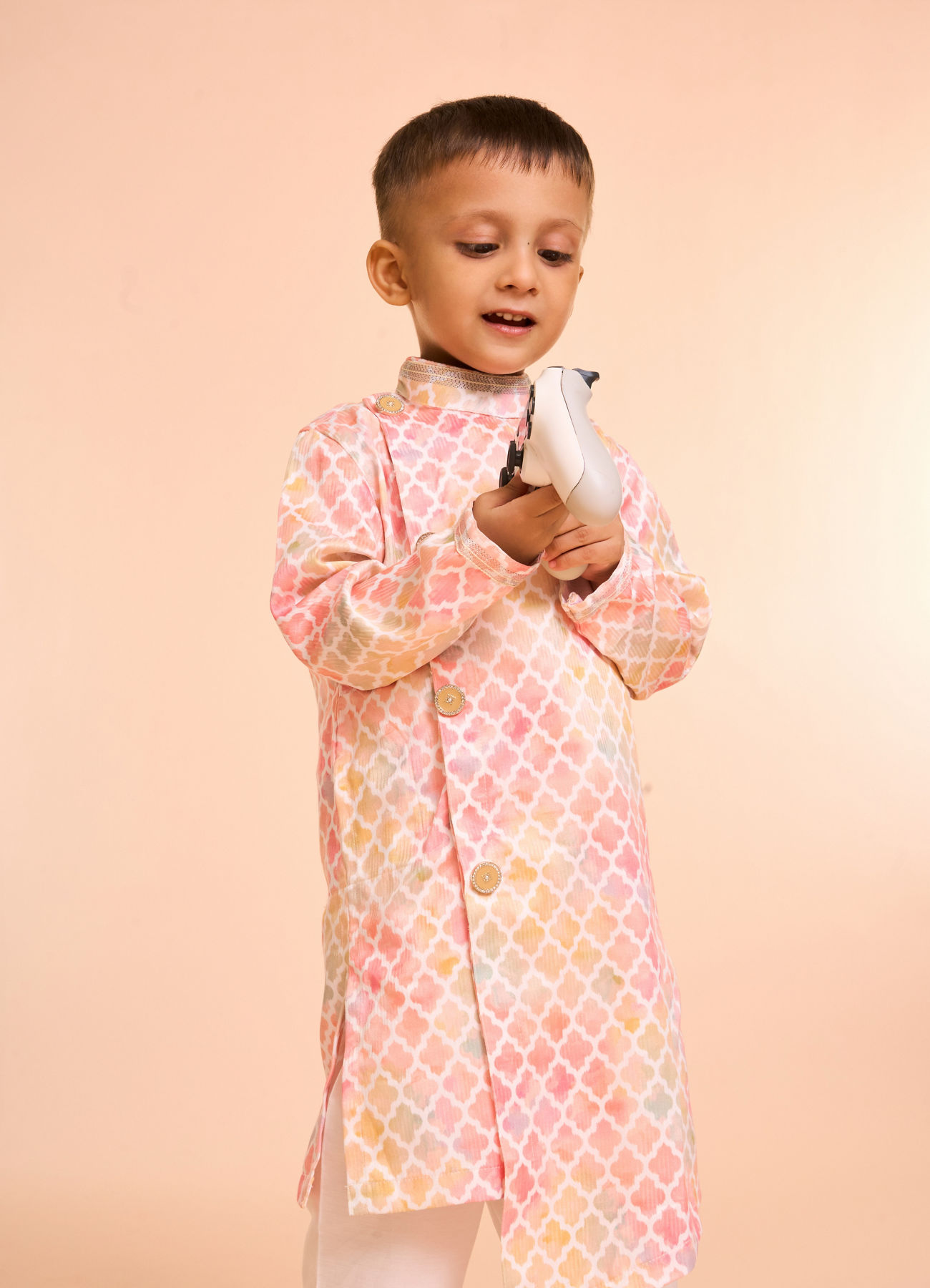 Manyavar Boys Peach Elegance Satin Kurta Pajama