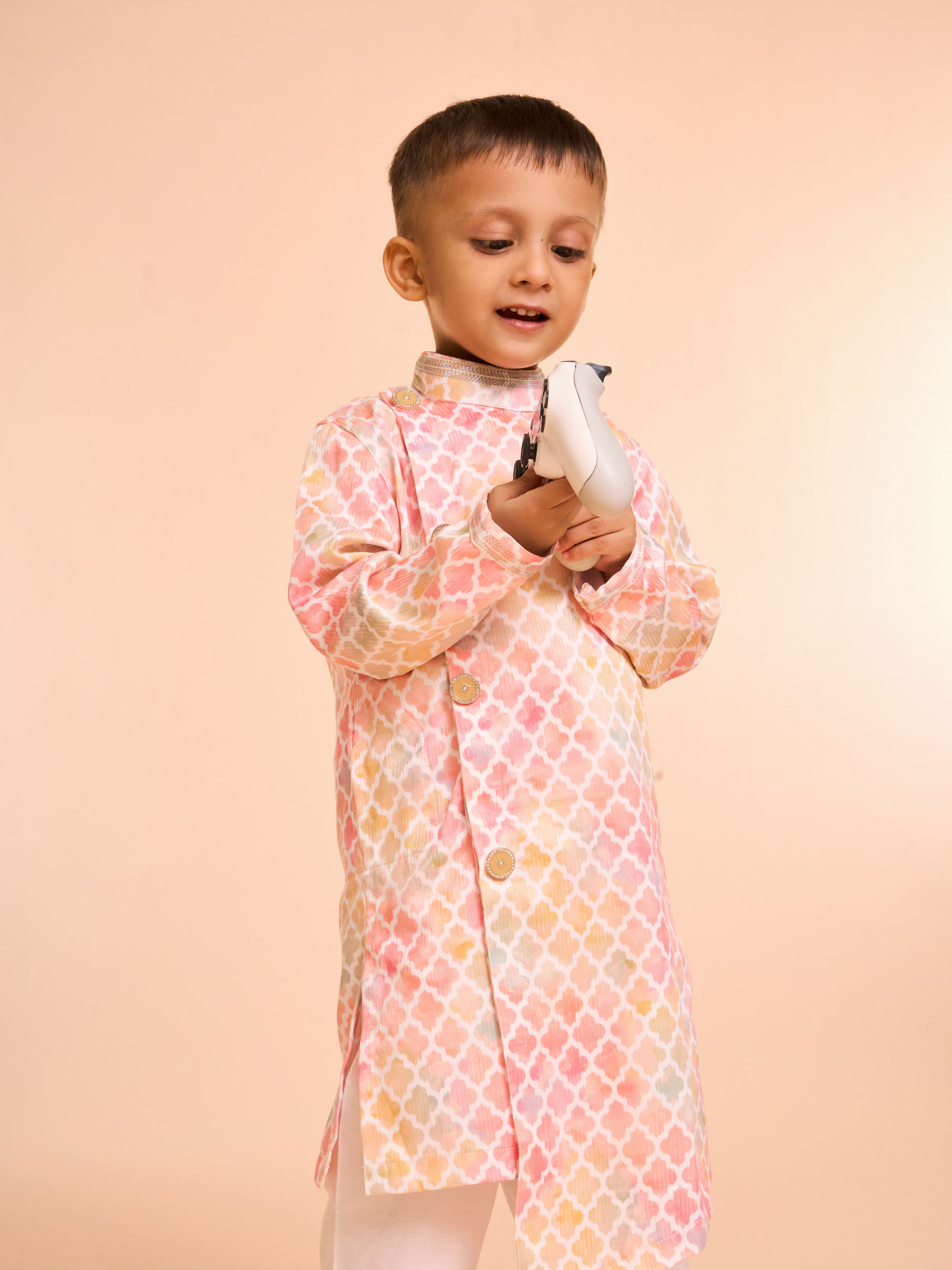 Manyavar Boys Peach Elegance Satin Kurta Pajama