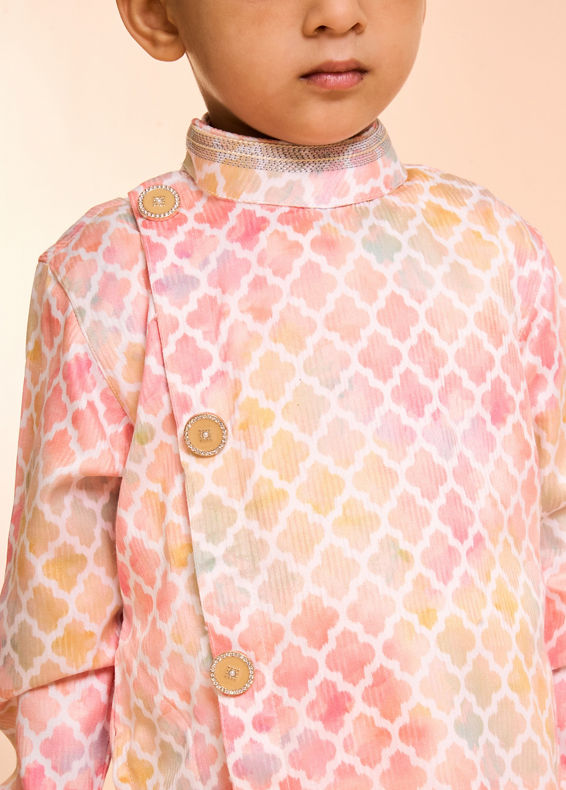Manyavar Boys Peach Elegance Satin Kurta Pajama