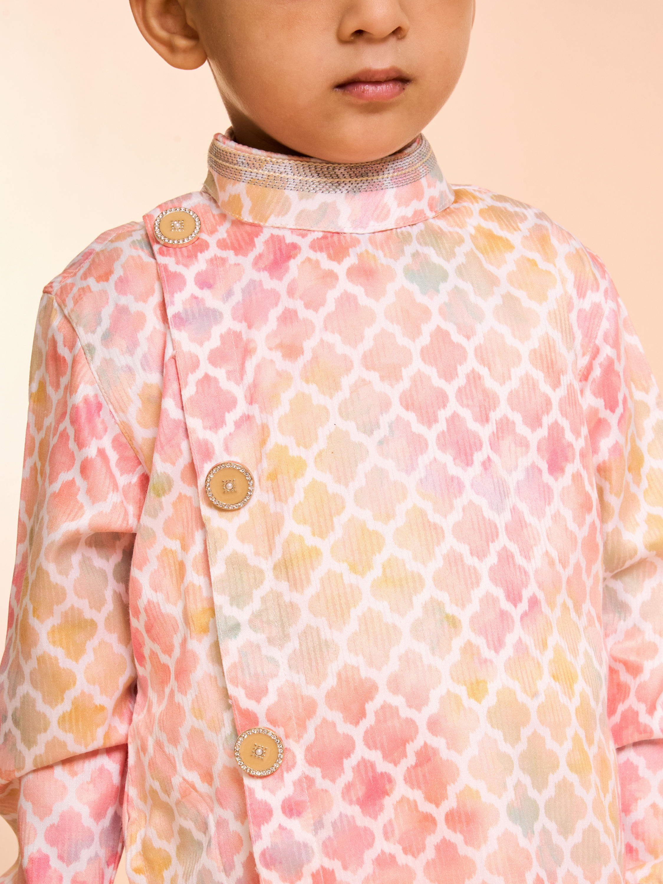 Manyavar Boys Peach Elegance Satin Kurta Pajama