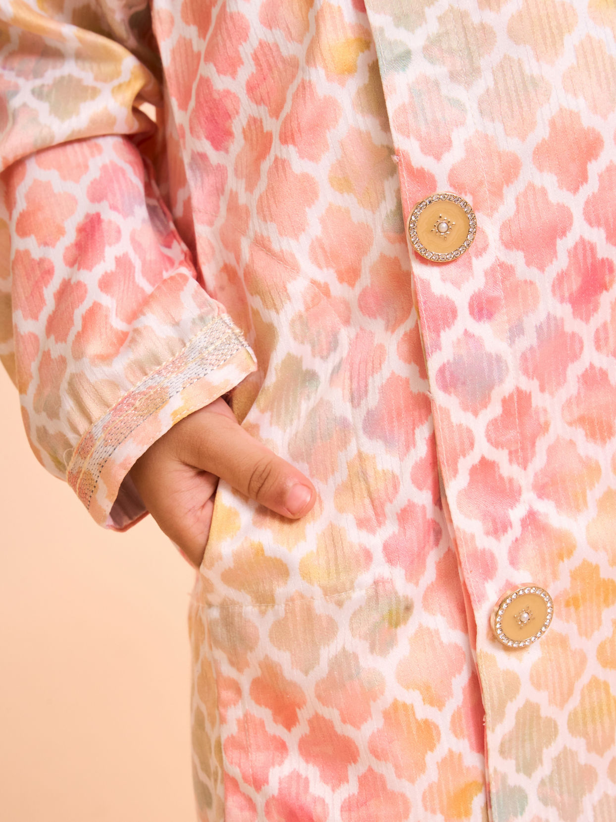 Manyavar Boys Peach Elegance Satin Kurta Pajama