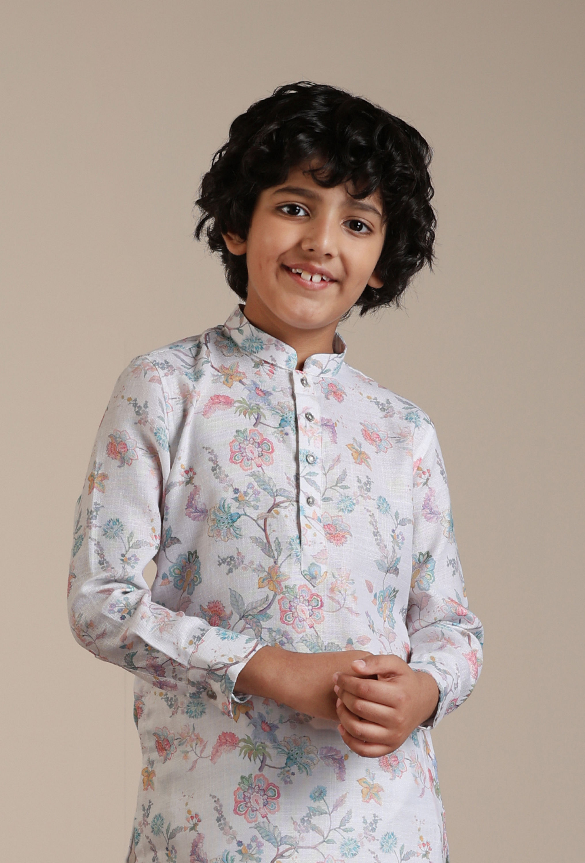 Manyavar Boys Boys Warm White Floral Printed Kurta Set