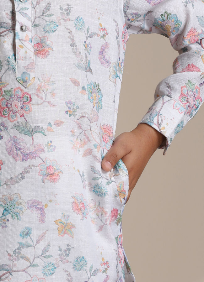 Manyavar Boys Boys Warm White Floral Printed Kurta Set