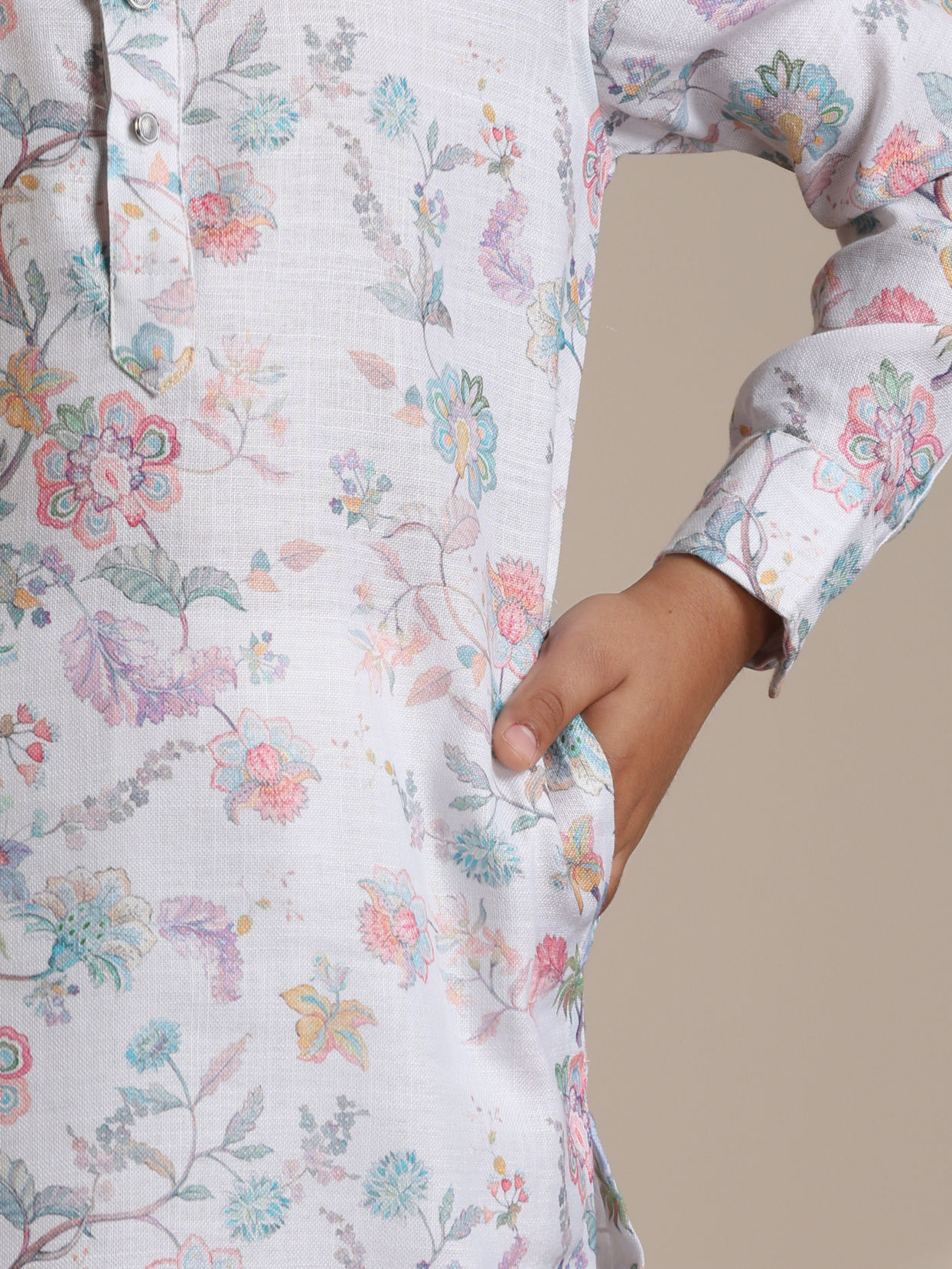Manyavar Boys Boys Warm White Floral Printed Kurta Set