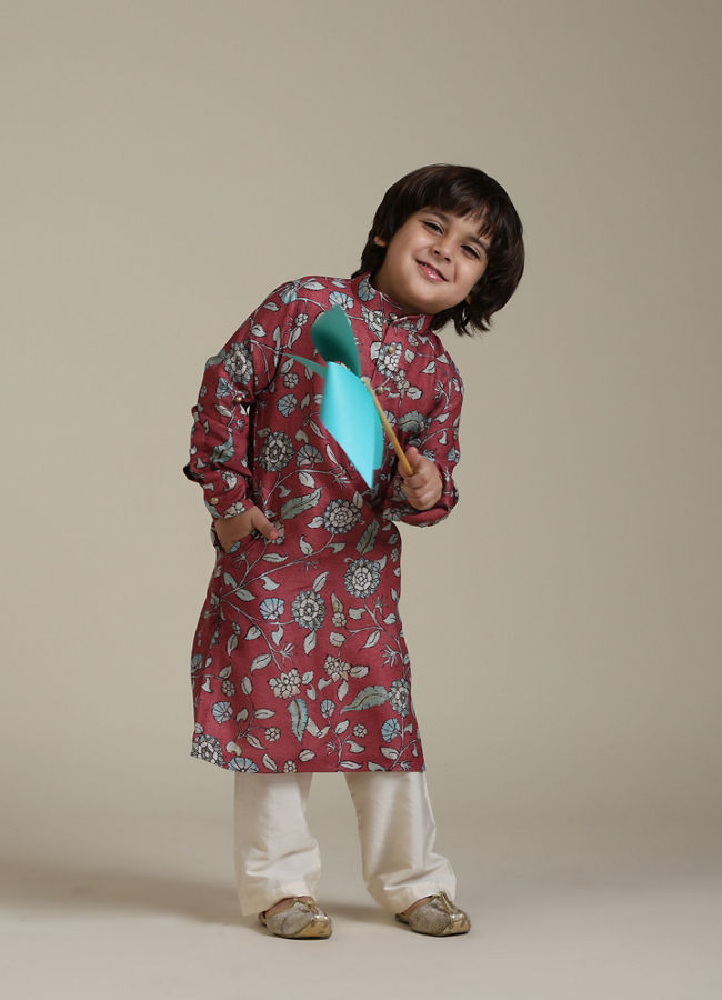 Manyavar Boys Rust Print Blended Viscose Kurta Set