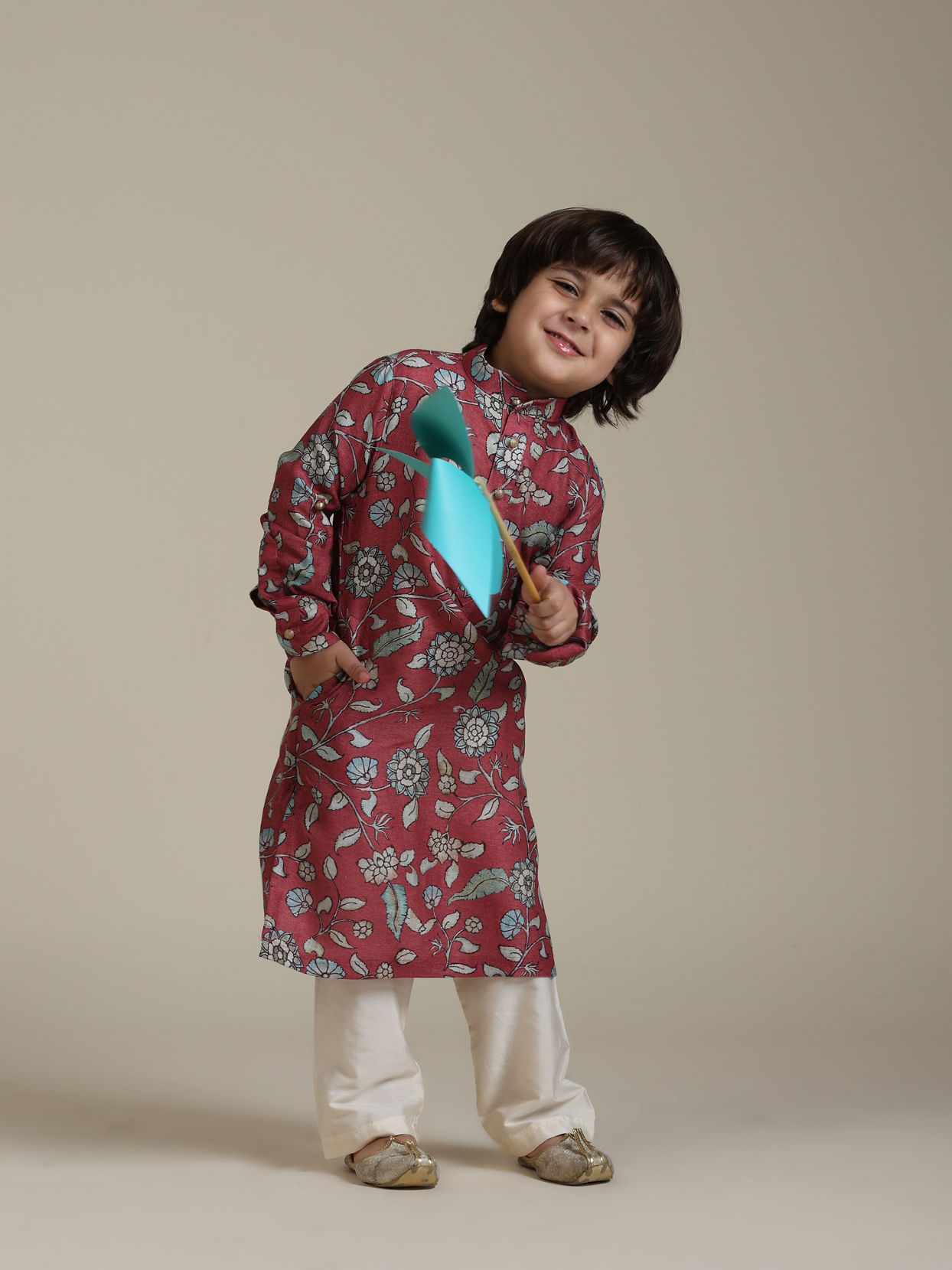 Manyavar Boys Rust Print Blended Viscose Kurta Set