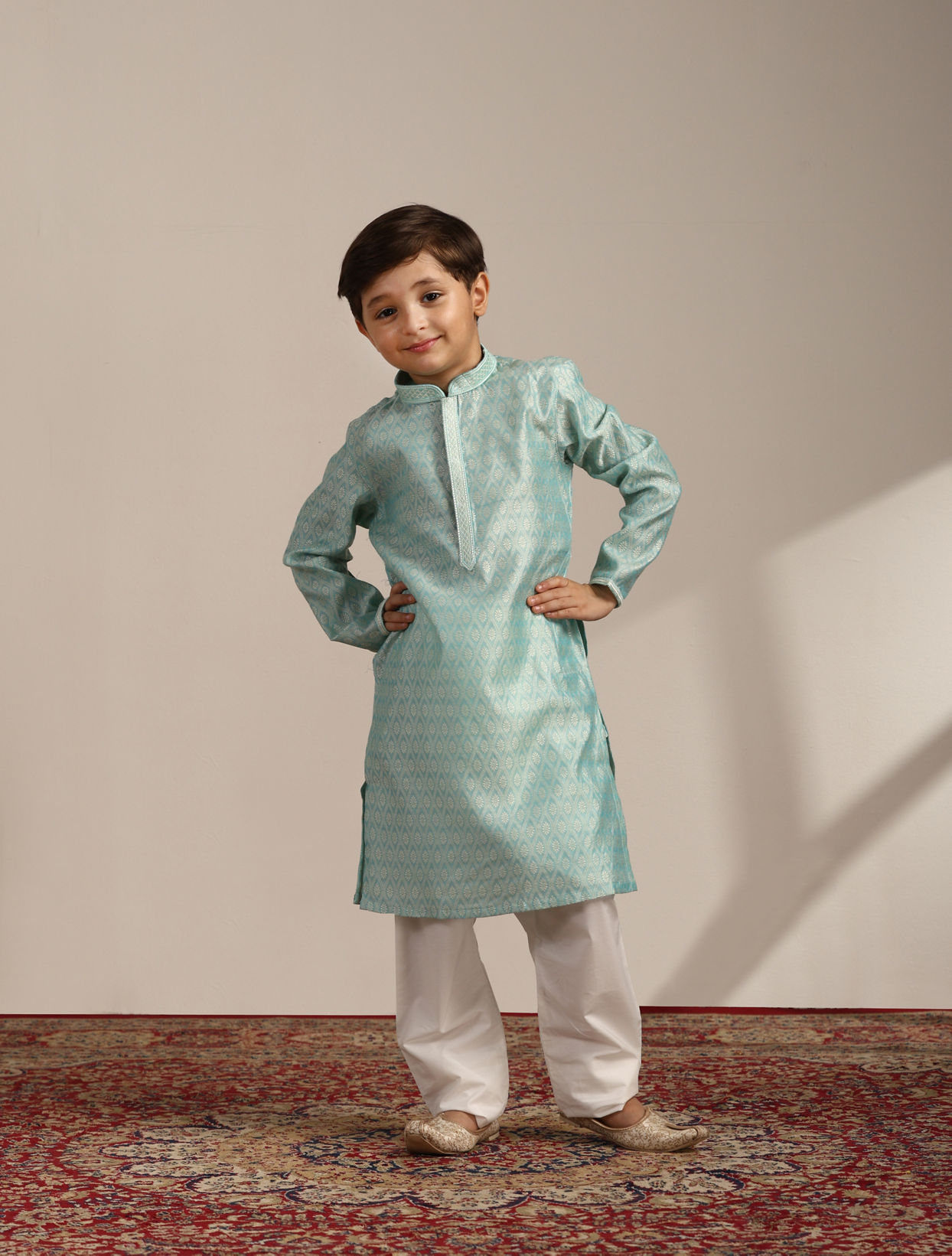 Boys Sky Blue Petal Printed Kurta Set image number 2