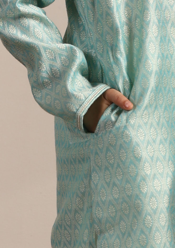 Manyavar Boys Boys Sky Blue Petal Printed Kurta Set