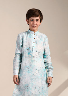 alt message - Manyavar Boys Boys Tropical Blue Floral Printed Kurta Set