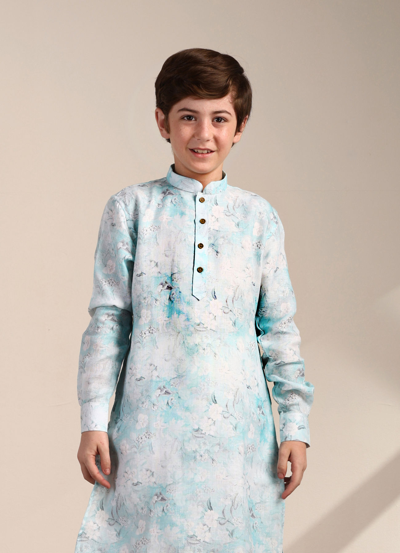 Manyavar Boys Boys Tropical Blue Floral Printed Kurta Set