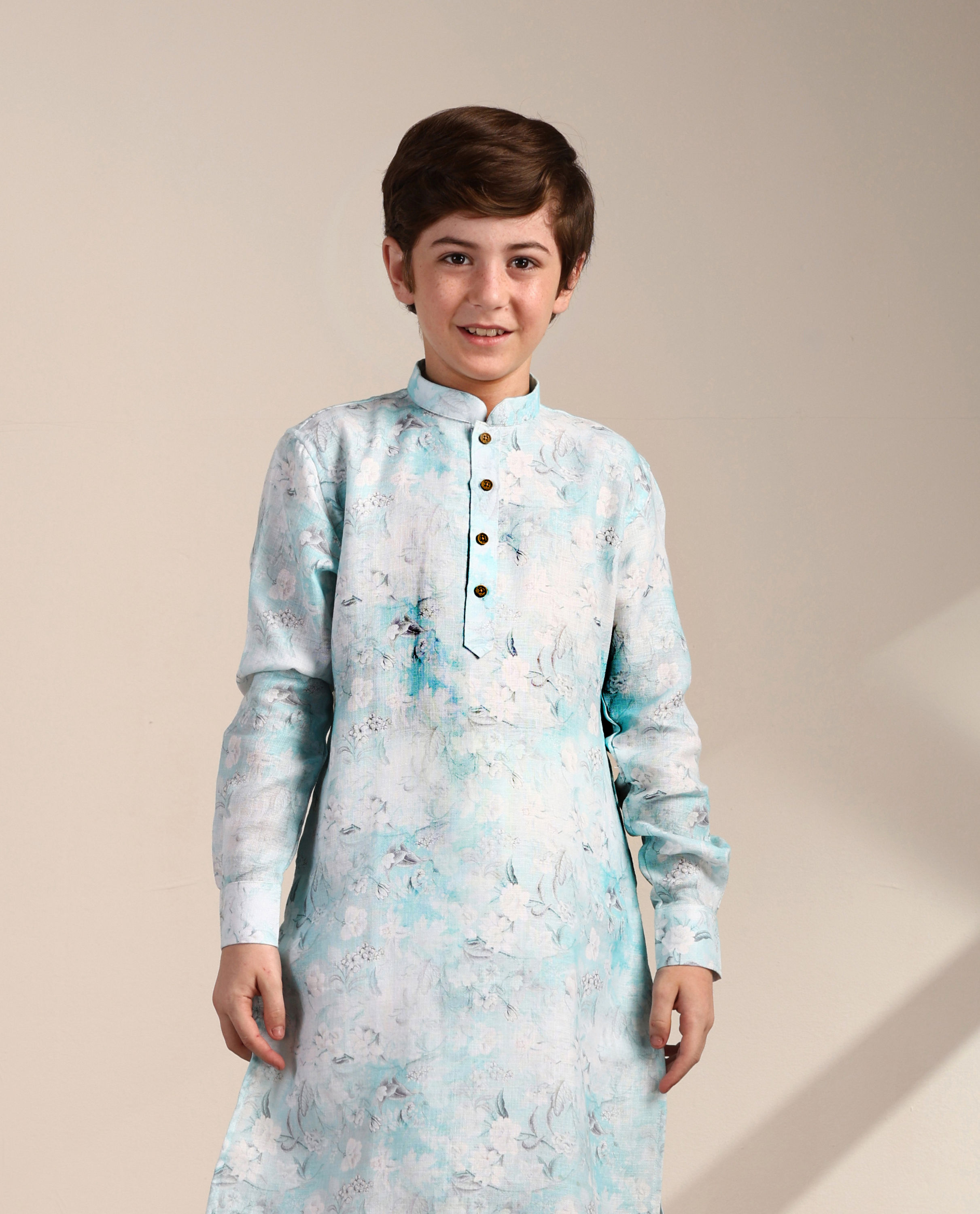 Manyavar Boys Boys Tropical Blue Floral Printed Kurta Set