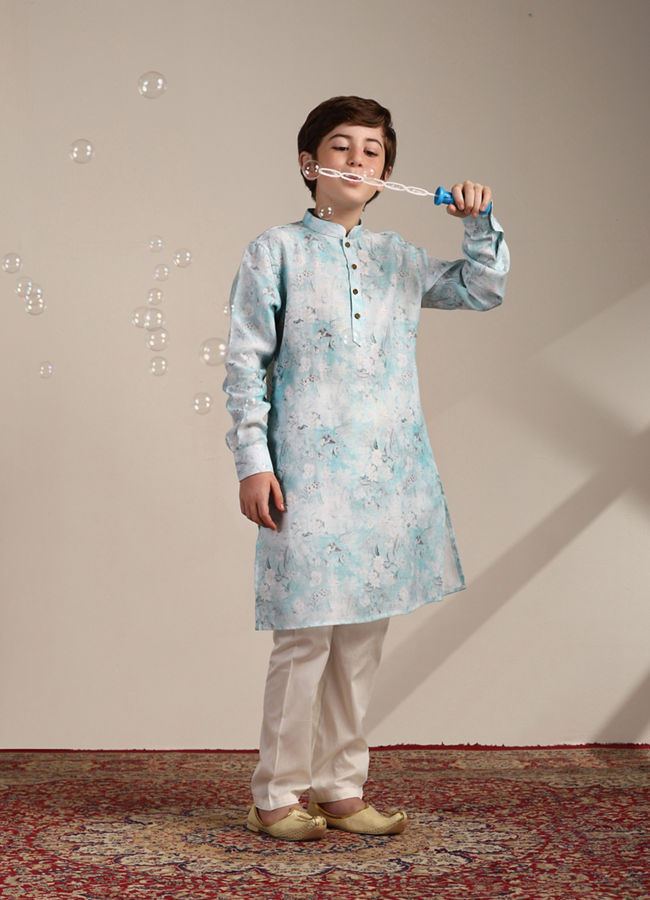 Boys Tropical Blue Floral Printed Kurta Set image number 2