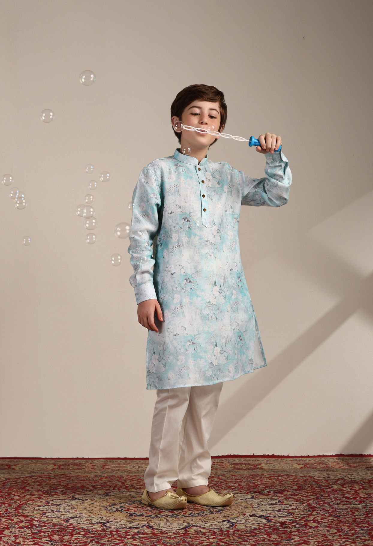 Manyavar Boys Boys Tropical Blue Floral Printed Kurta Set