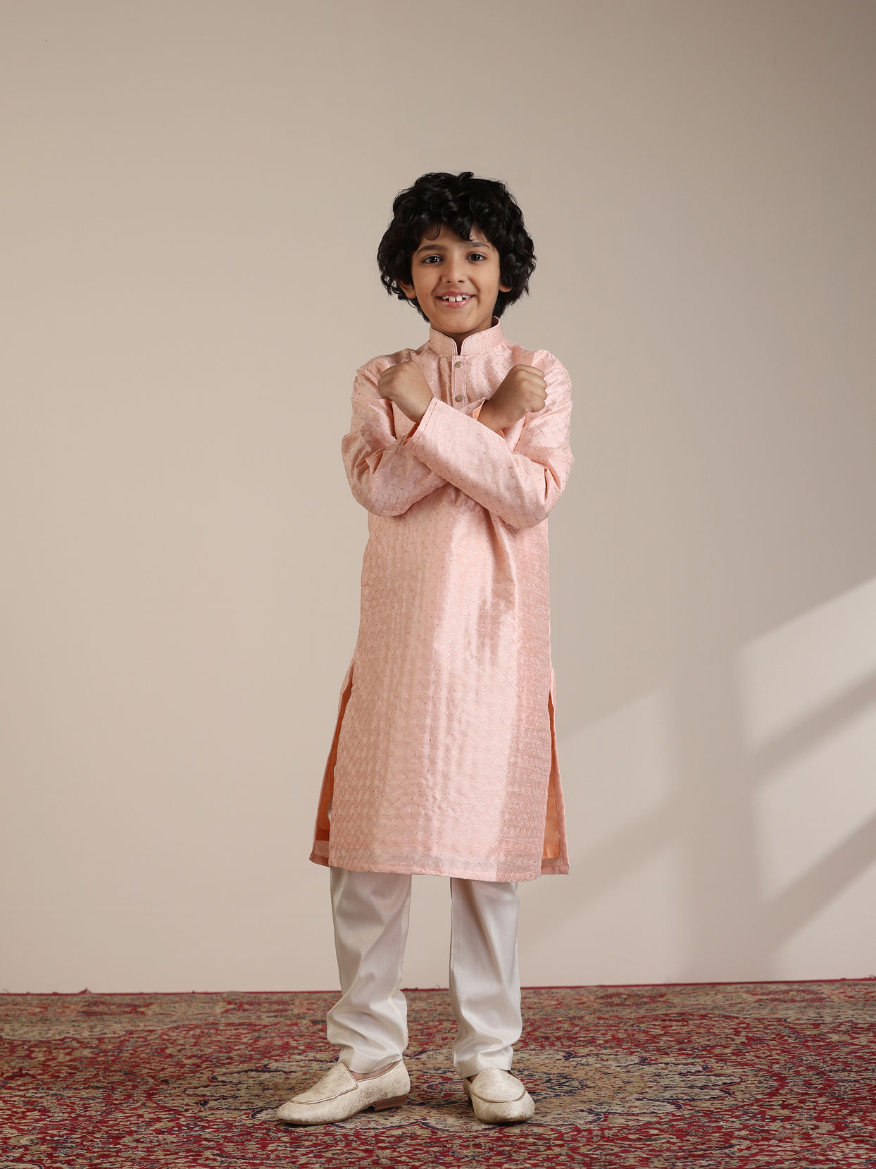 Manyavar Boys Boys Peach Jaal Patterned Kurta Set