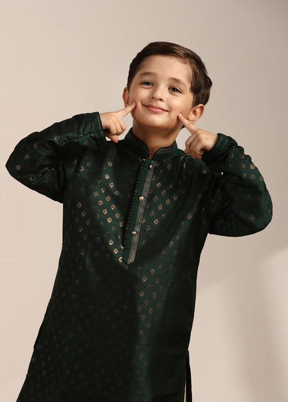 Manyavar Boys Boys Forest Green Buta Printed Kurta Set