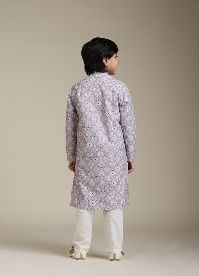 Manyavar Boys Boys Soft Lilac Chikankari Inspired Jaal Patterned Kurta Set
