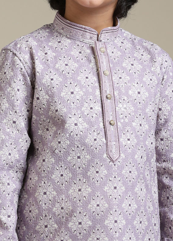 Manyavar Boys Boys Soft Lilac Chikankari Inspired Jaal Patterned Kurta Set